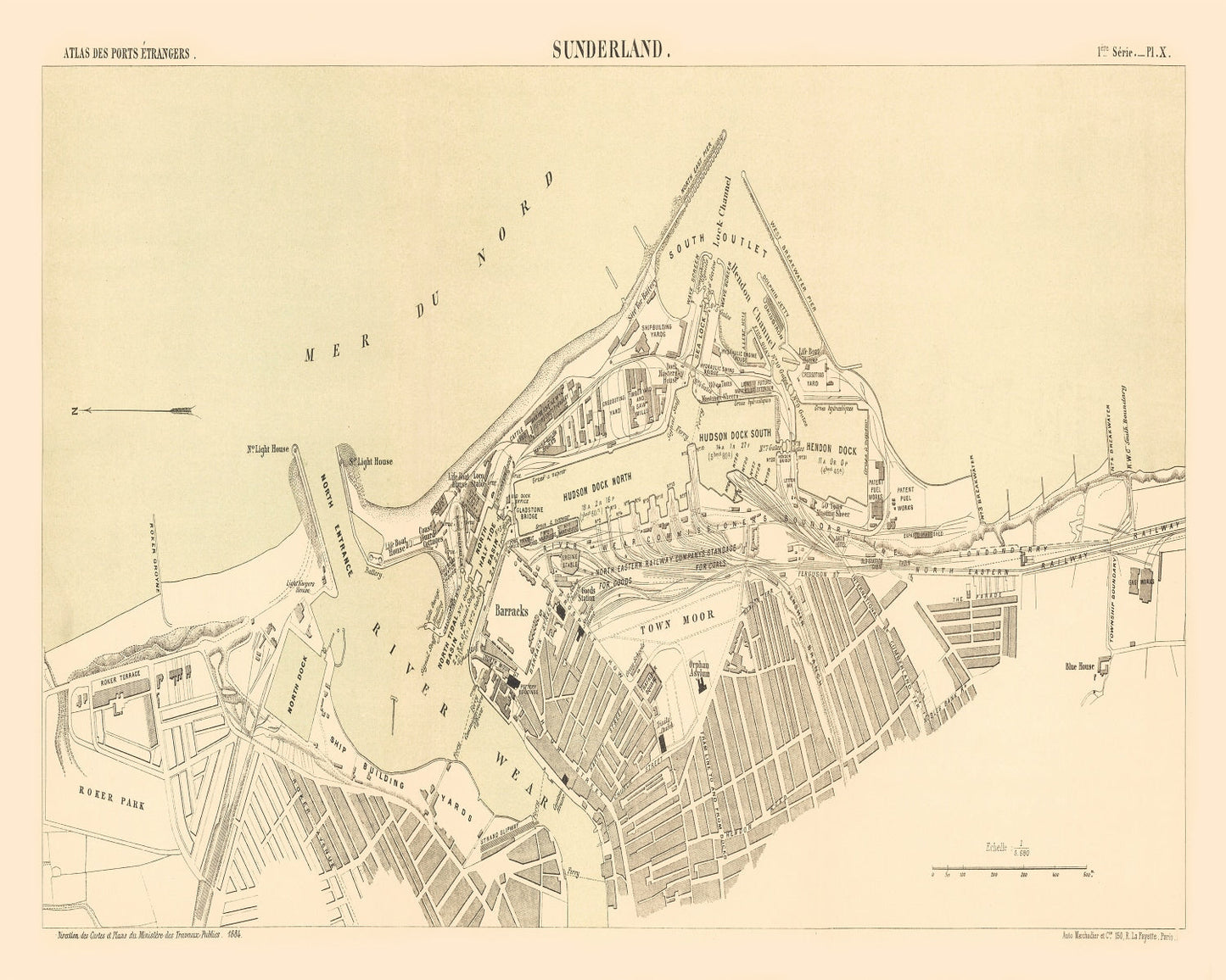 Vintage Map of Sunderland, England 1884