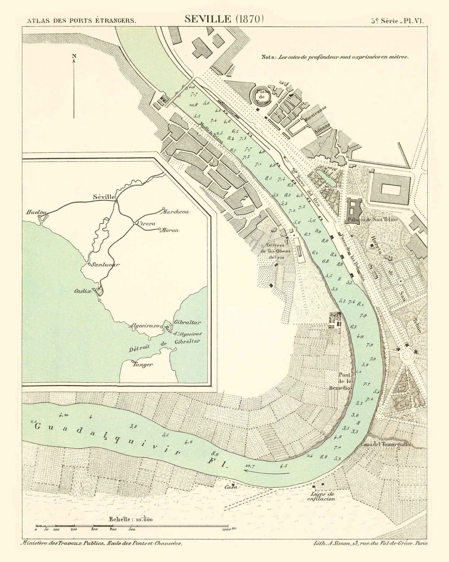Vintage Map of Seville, Spain 1870