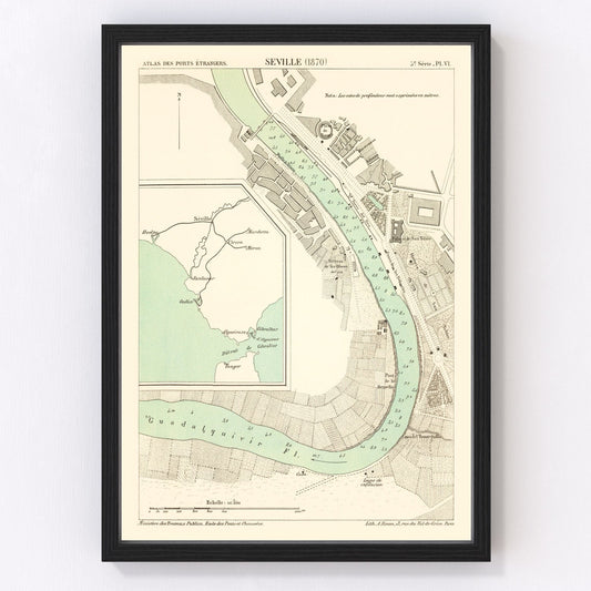 Vintage Map of Seville, Spain 1870