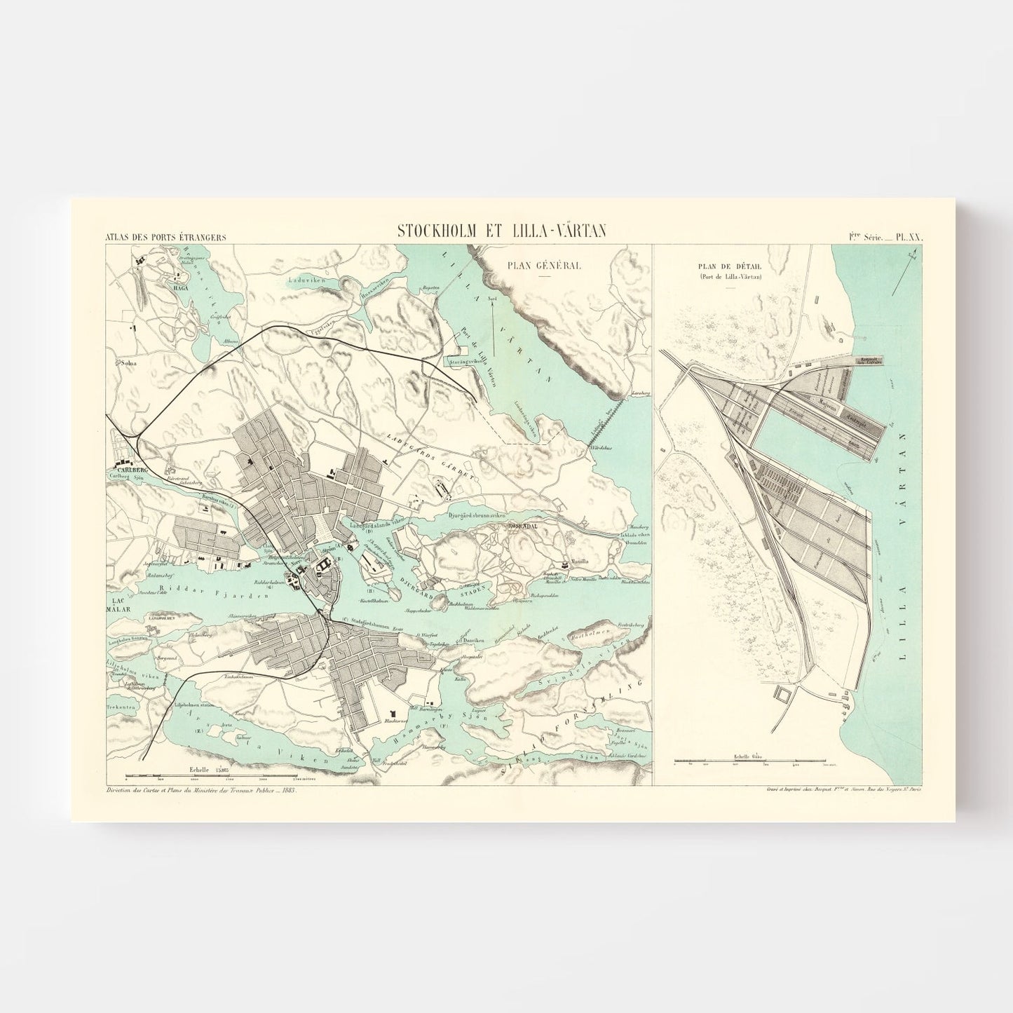 Vintage Map of Stockholm, Sweden 1883