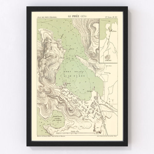 Vintage Map of Piraeus, Greece 1870