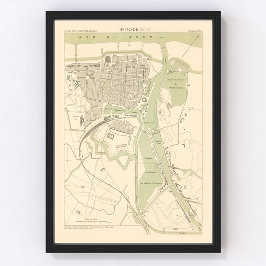 Vintage Map of Ostend, Belgium 1878