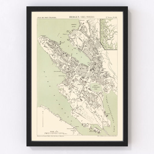 Vintage Map of Bergen, Norway 1885