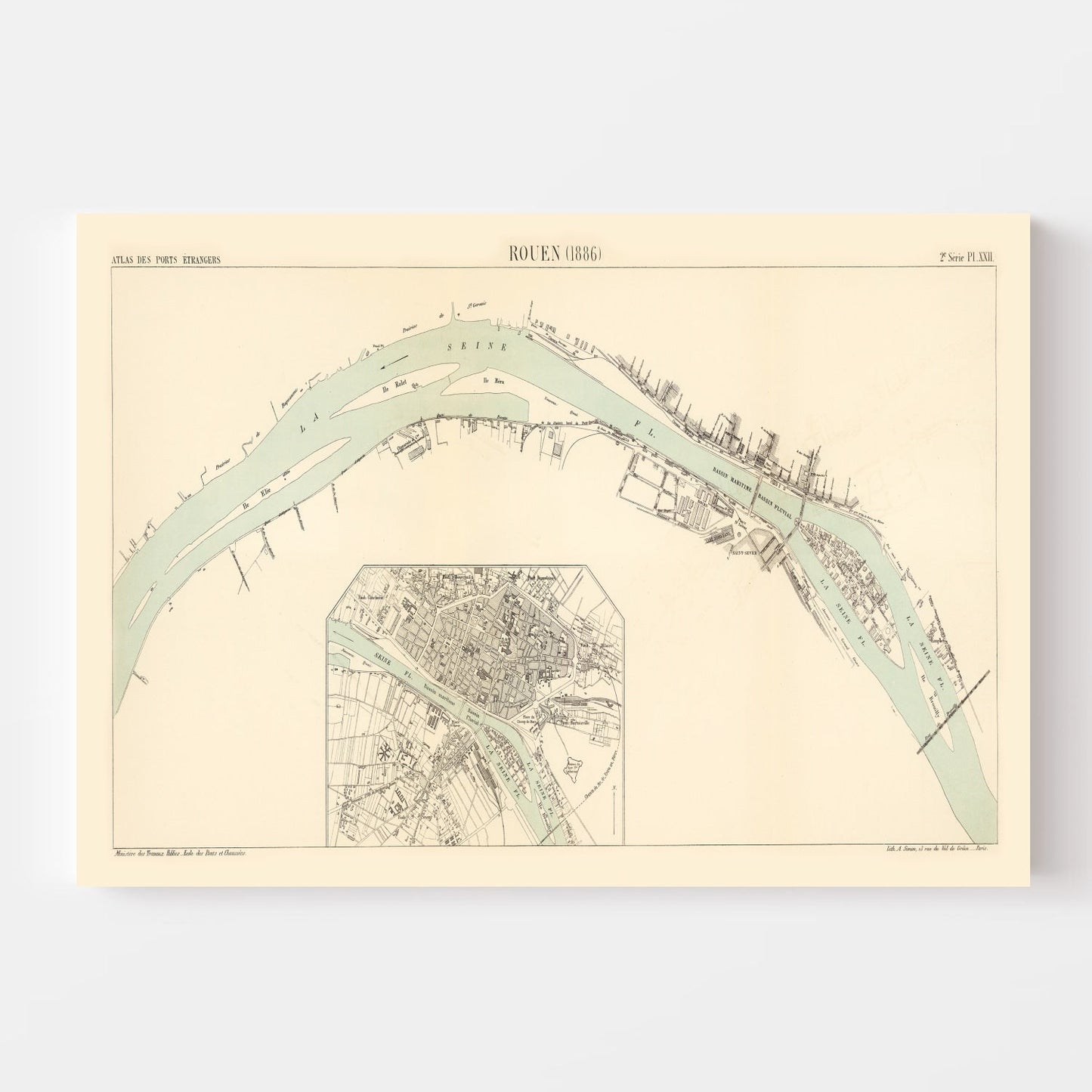 Vintage Map of Rouen, France 1886