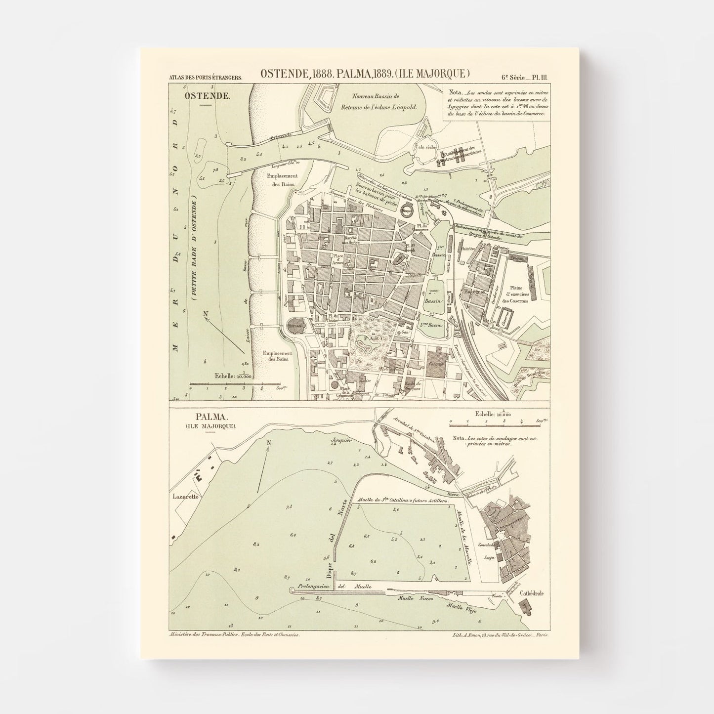 Vintage Map of Ostend, Belgium 1889