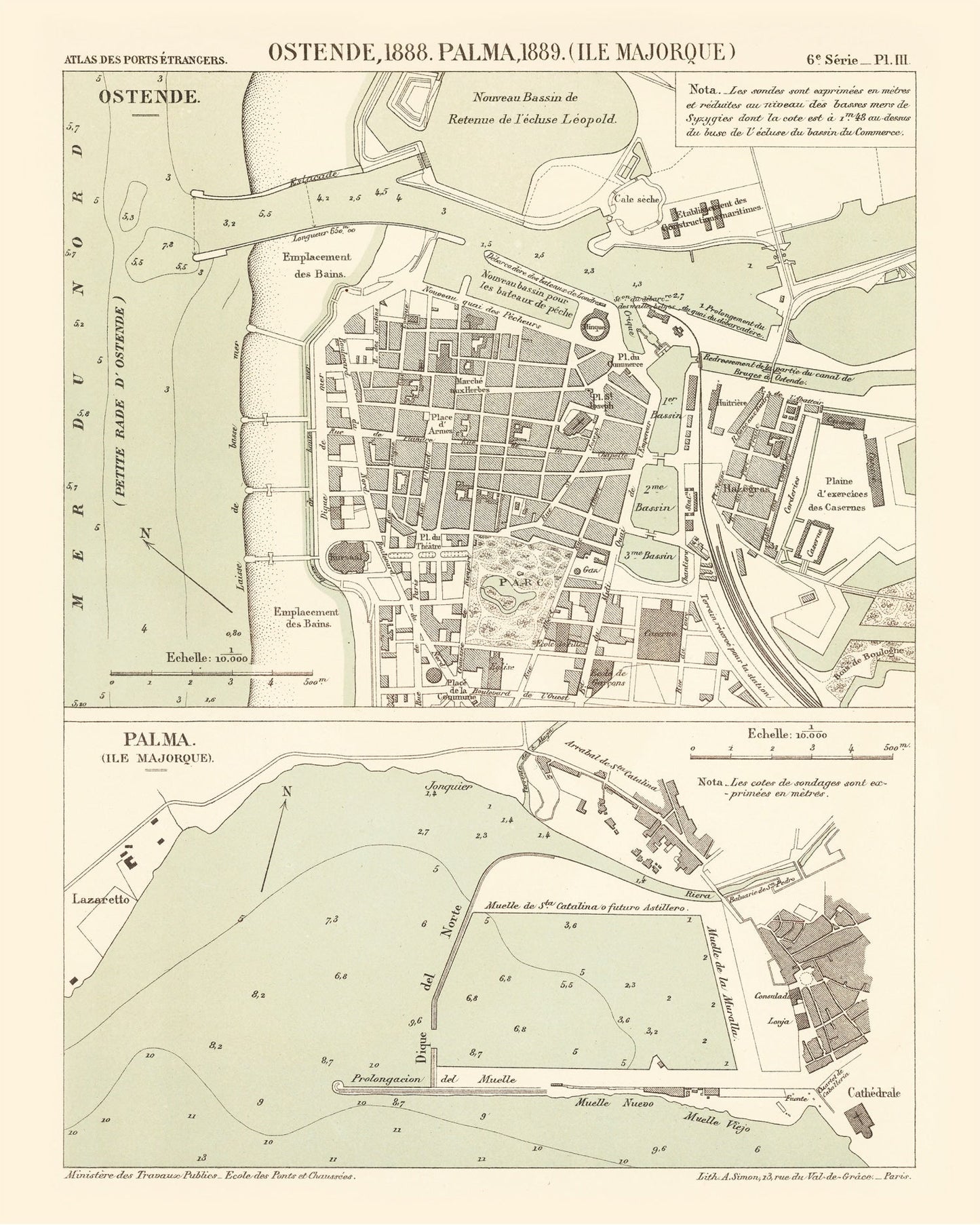 Vintage Map of Ostend, Belgium 1889