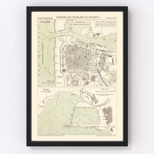 Vintage Map of Ostend, Belgium 1889