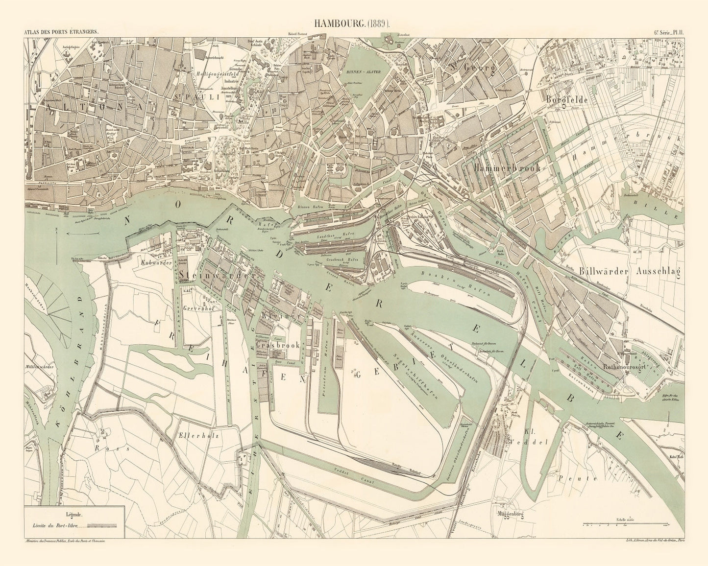 Vintage Map of Hamburg, Germany 1889