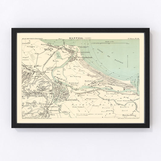 Vintage Map of Danzig, Poland 1889
