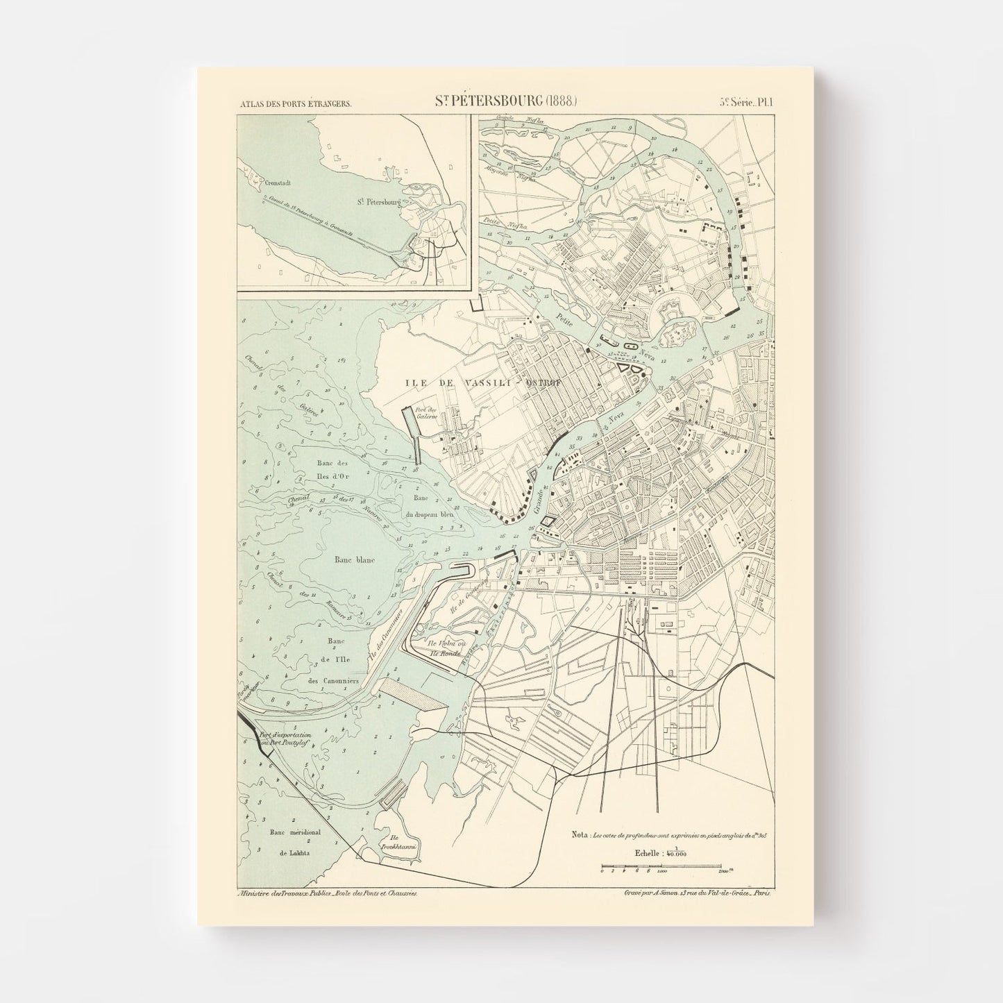 Vintage Map of Saint Petersburg, Russia 1888