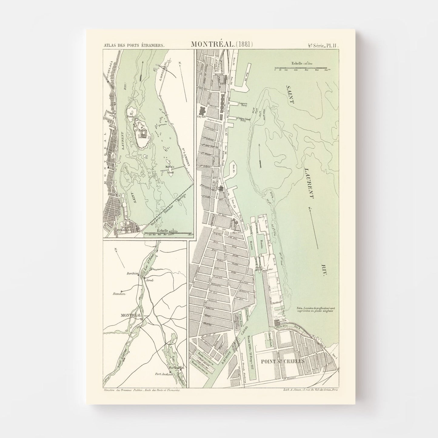 Vintage Map of Montréal, Canada 1881