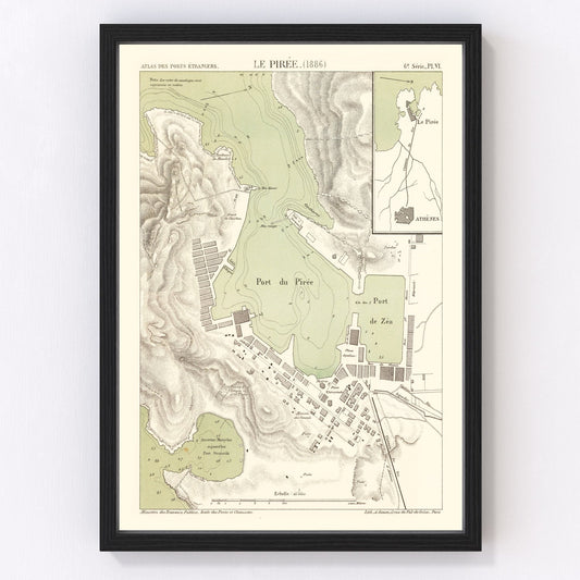 Vintage Map of Piraeus, Greece 1886