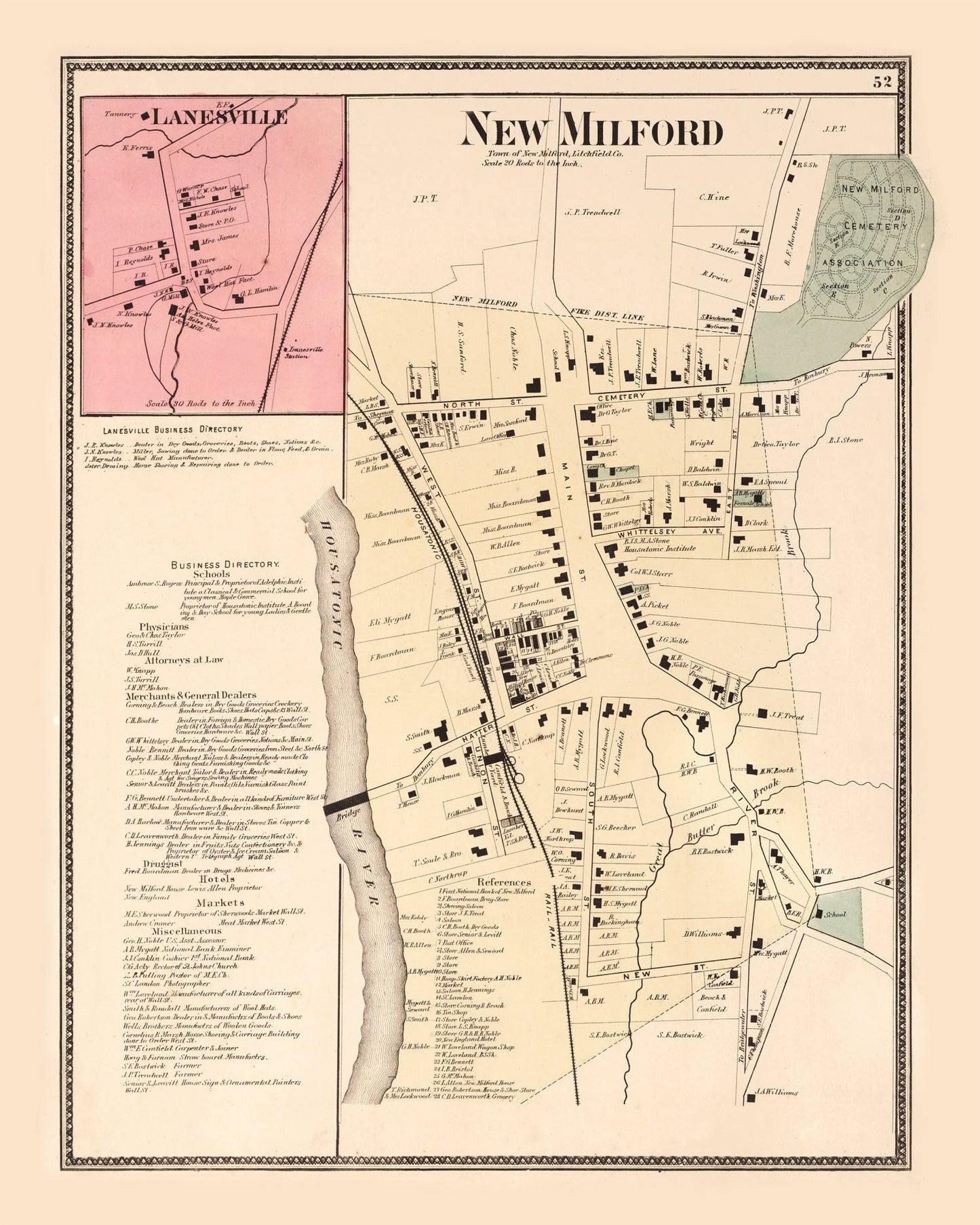 Vintage Map of Lanesville, Connecticut 1867