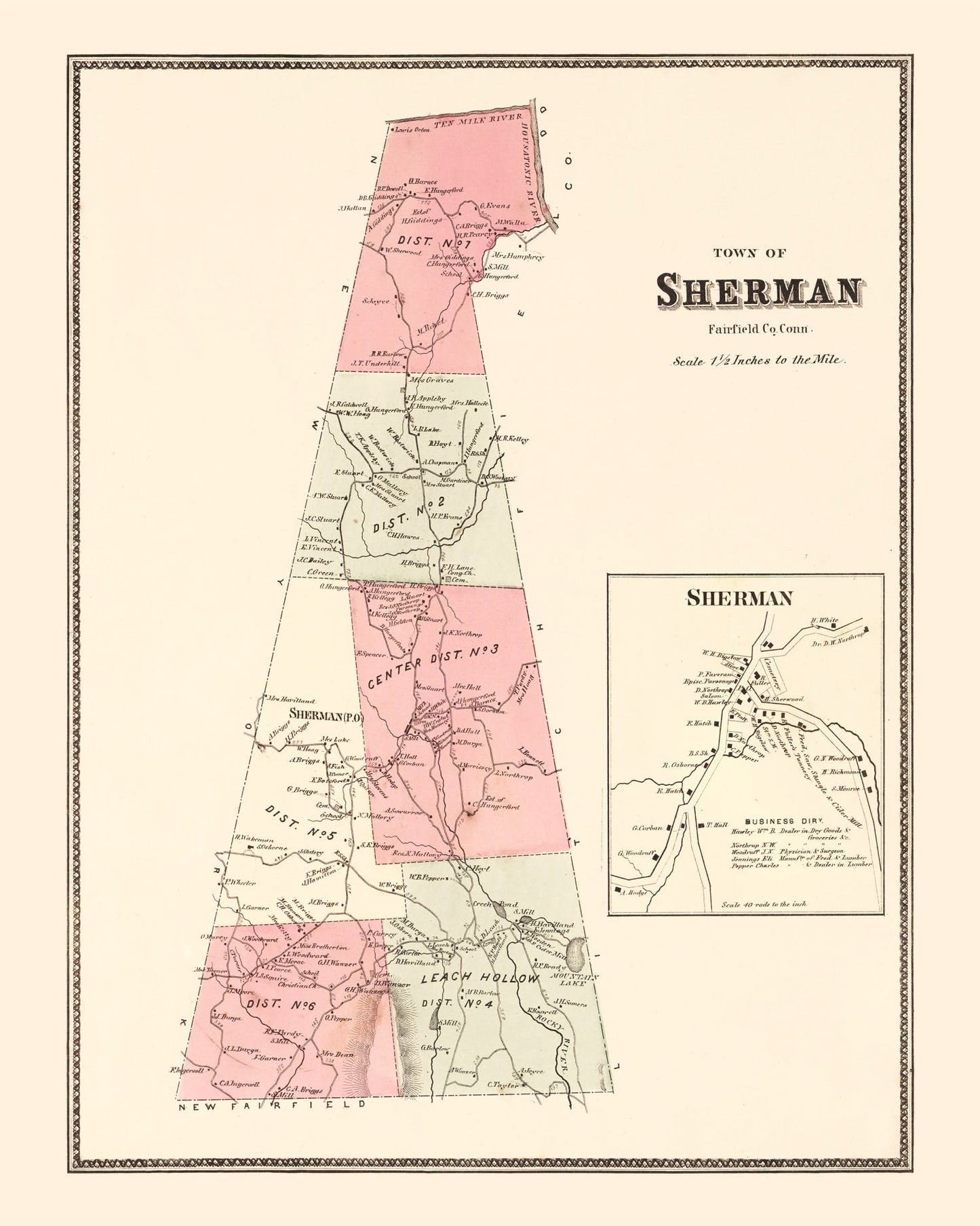 Vintage Map of Sherman, Connecticut 1867