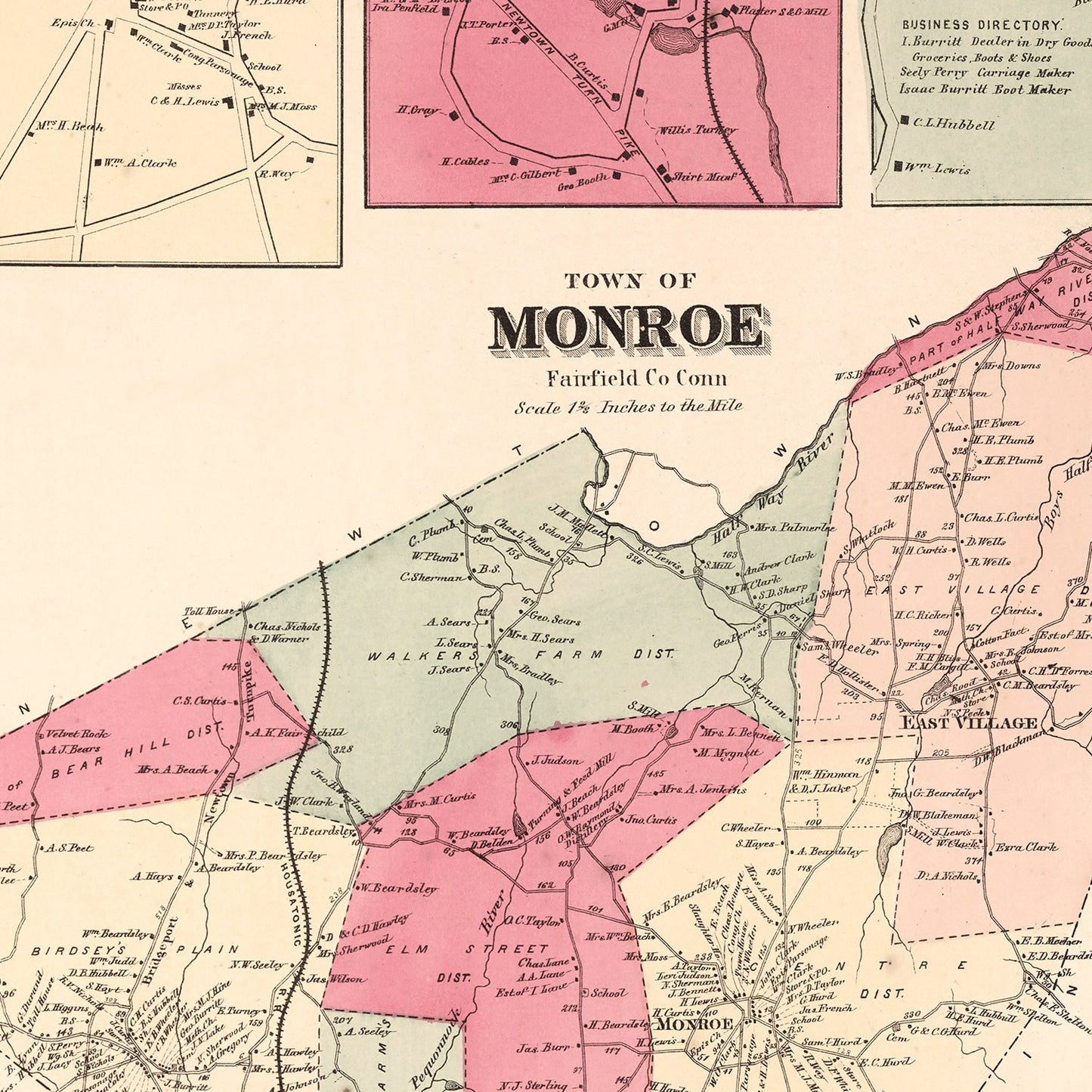 Vintage Map of Monroe, Connecticut 1867