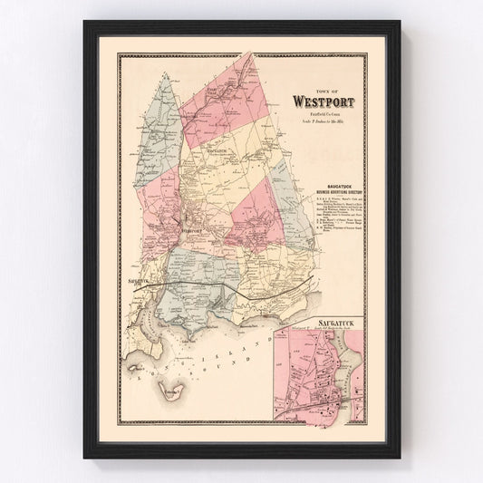 Vintage Map of Saugatuck, Connecticut 1867