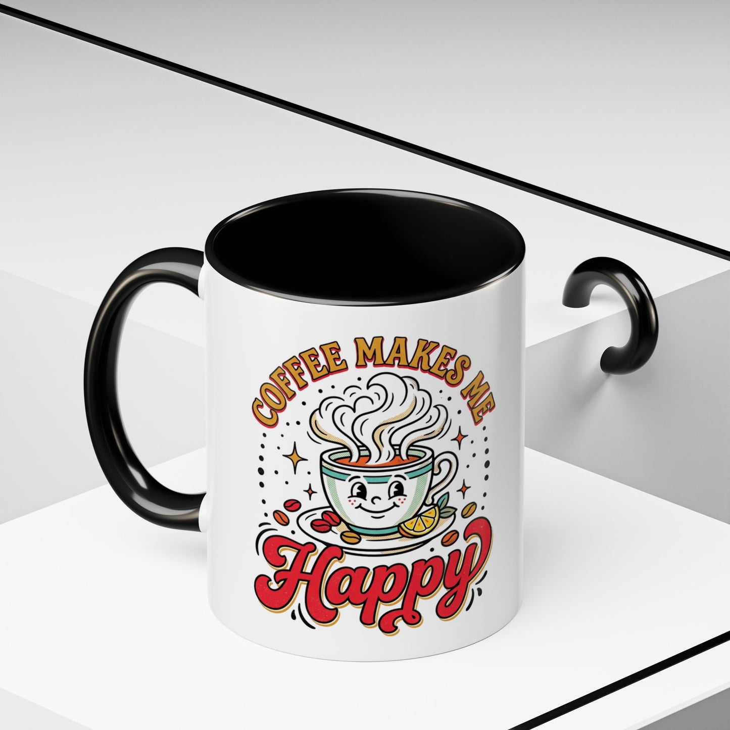 Coffee Mug — "Coffee Makes Me Happy" Cute Retro Accent Mug (11/15oz)