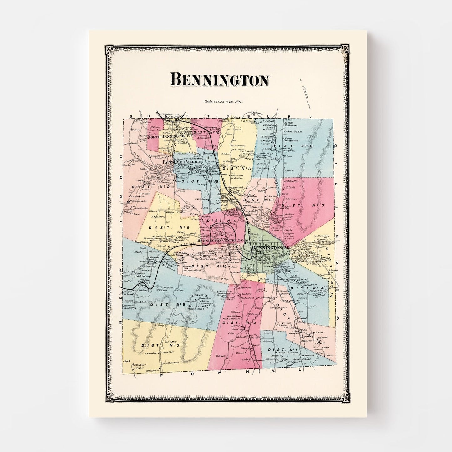 Vintage Map of Bennington Township, Bennington County, Vermont 1869