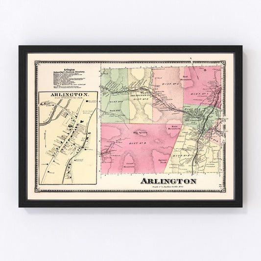 Vintage Map of Arlington Township, Bennington County, Vermont 1869