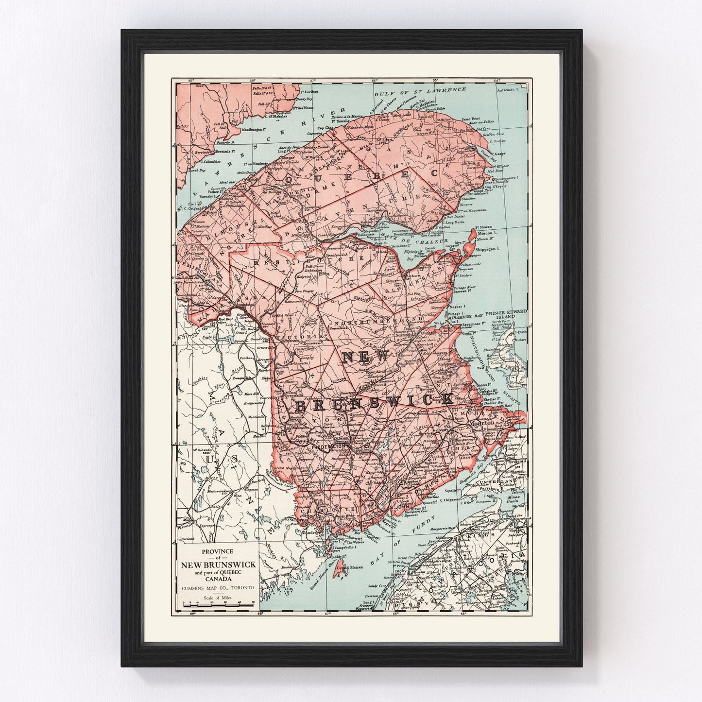 Vintage Map of New Brunswick Canada, 1925