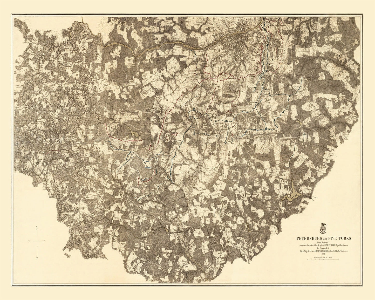 Vintage Map of the Battle of Petersburg & Five Forks, 1869