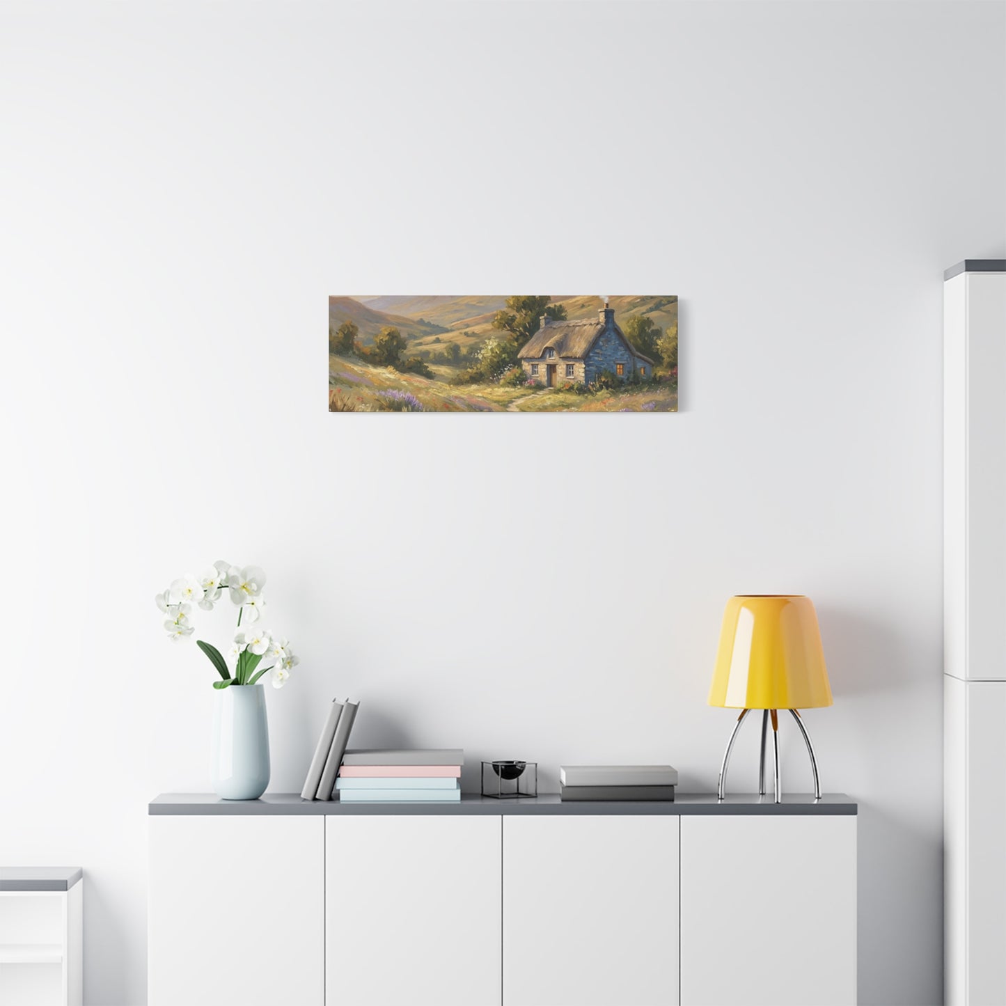 Countryside Cottage Canvas Wall Art — Tranquil Rustic Landscape Print