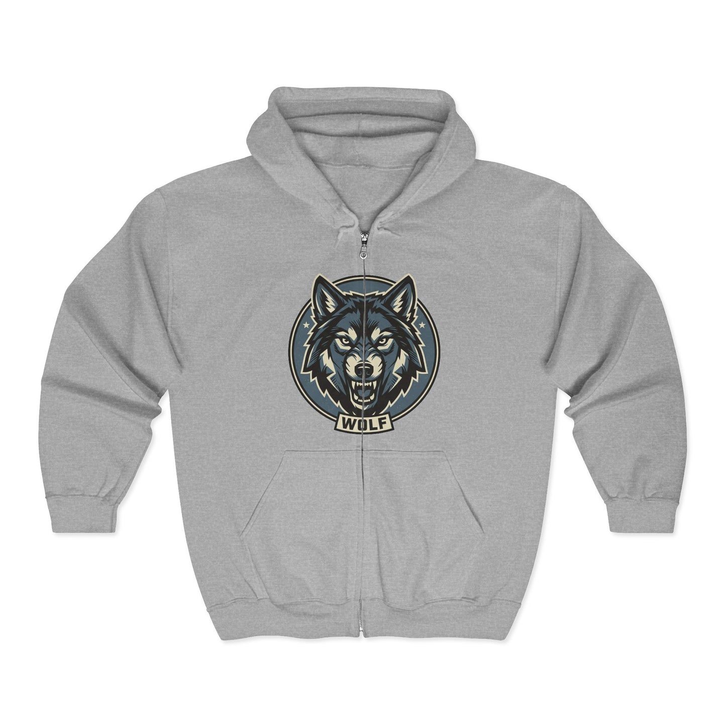 Wolf Head Zip Hoodie — Vintage Wolf Full-Zip Hooded Sweatshirt