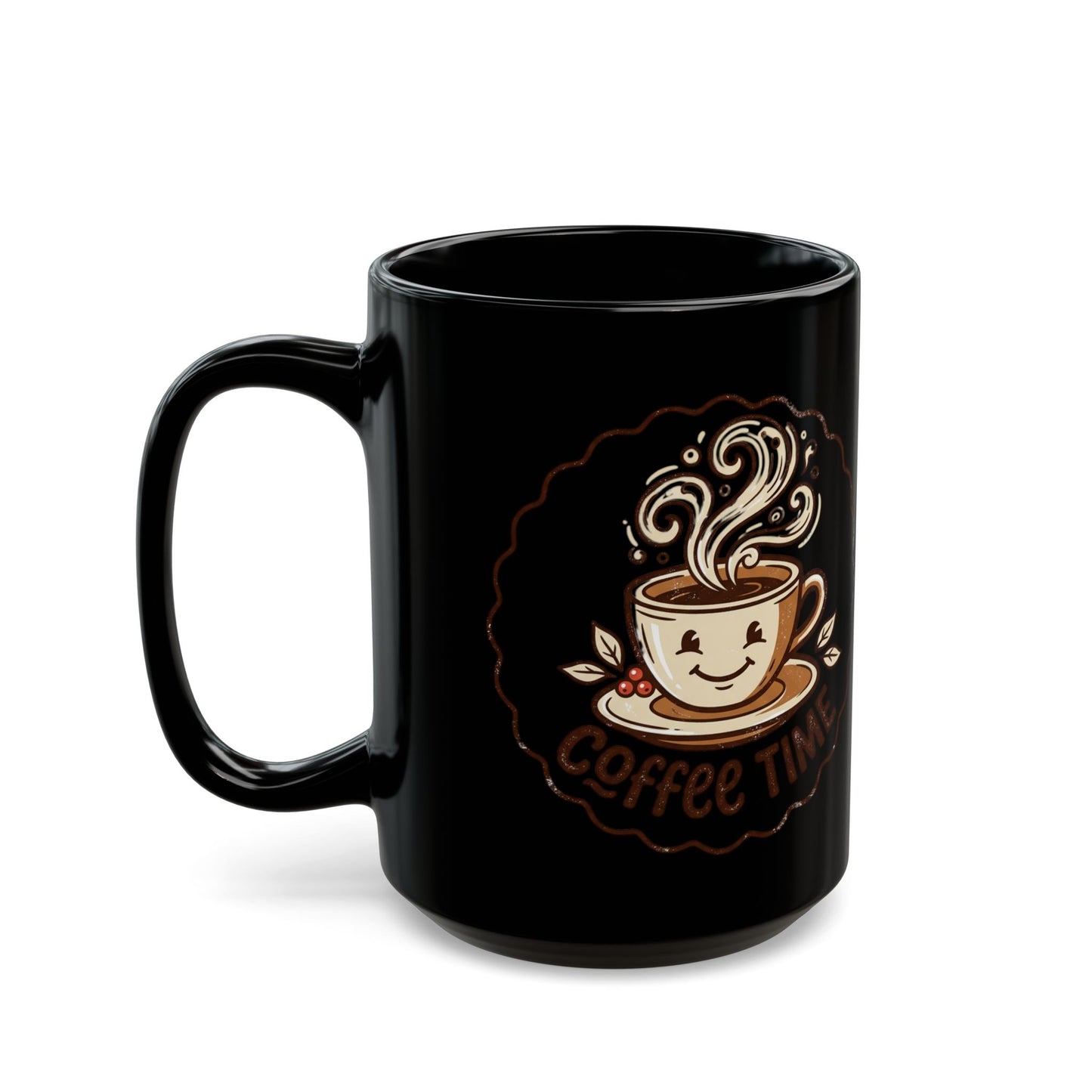 Coffee Time Black Mug – Cute Smiling Coffee Cup Ceramic Mug (11oz, 15oz)