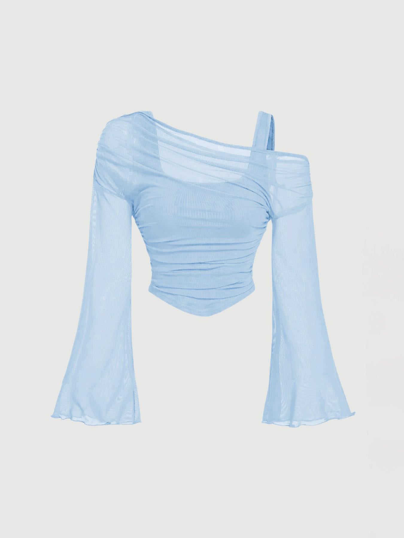 Women's Mesh Neck Pleated Long-Sleeve Top – Slim Fit Knit