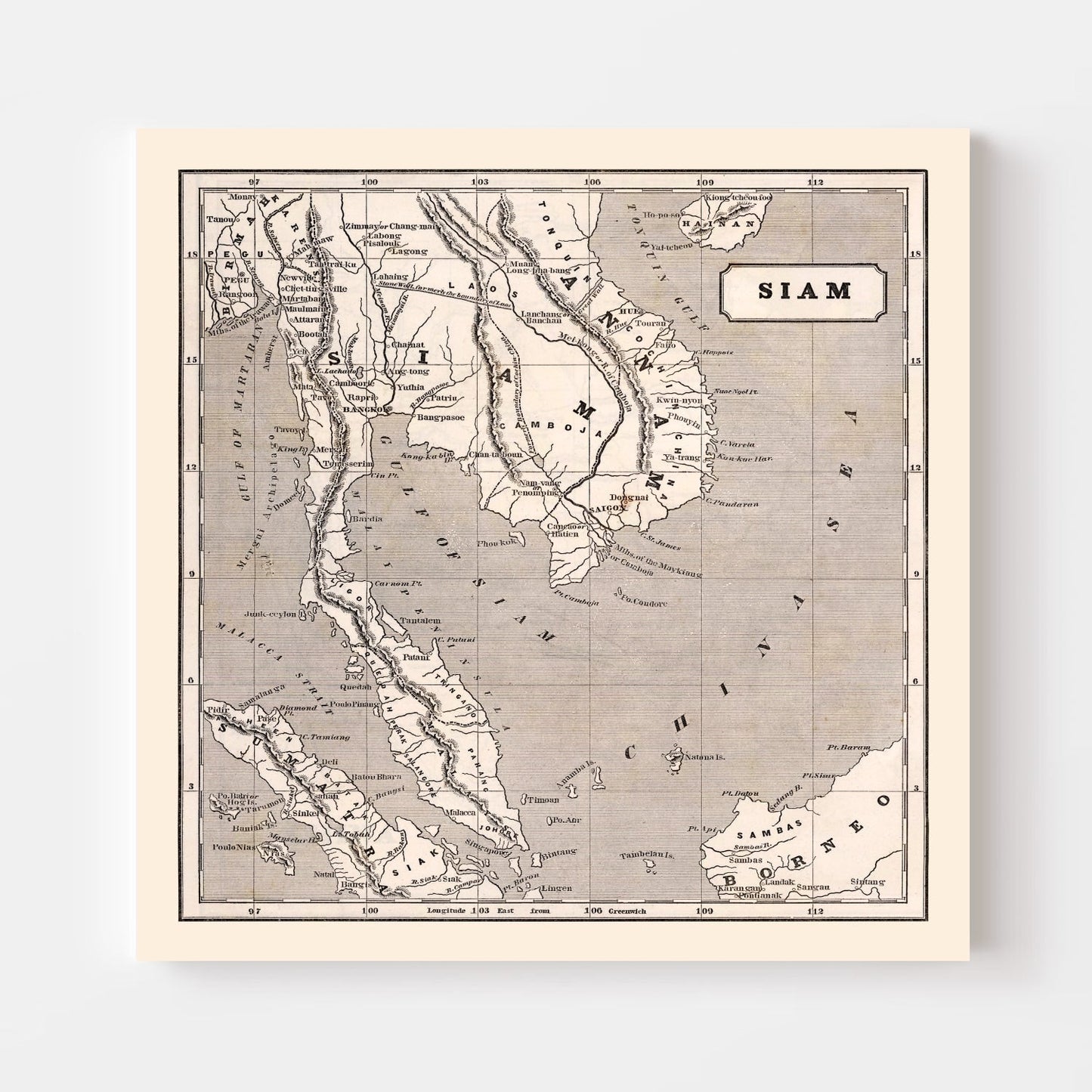 Vintage Map of Thailand 1848