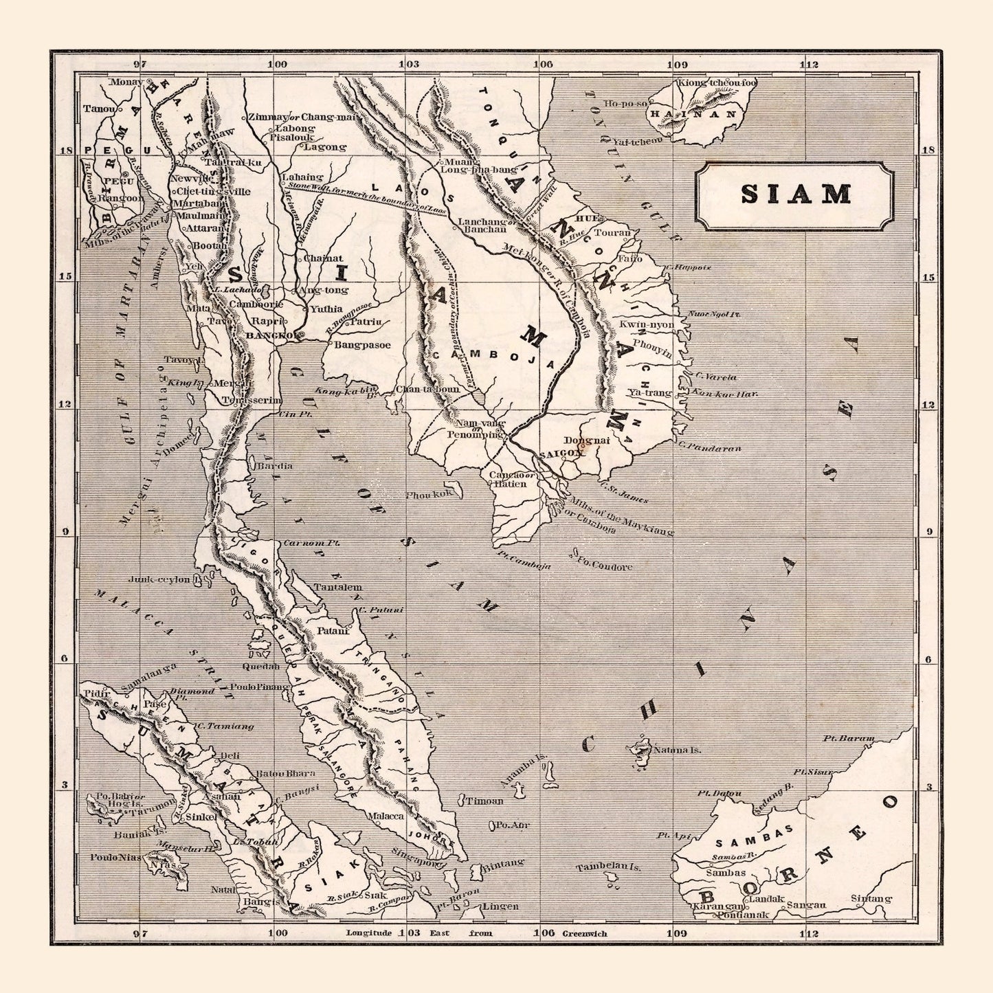 Vintage Map of Thailand 1848