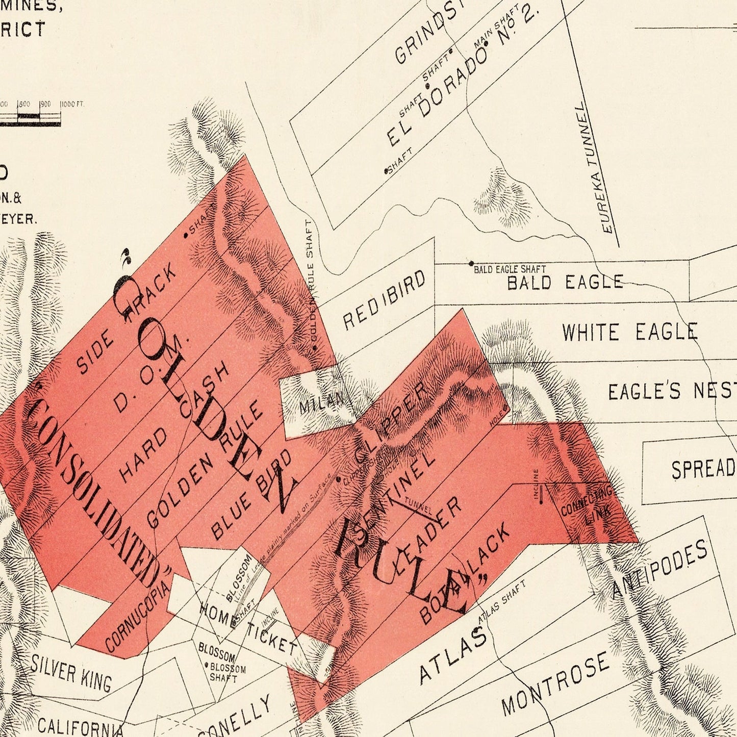 Vintage Map of The Gold Rule Mine, 1865