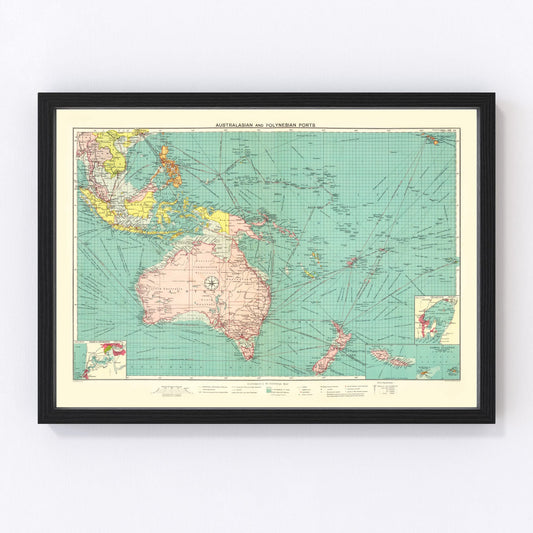 Vintage Map of Australasian & Polynesian Ports, 1922