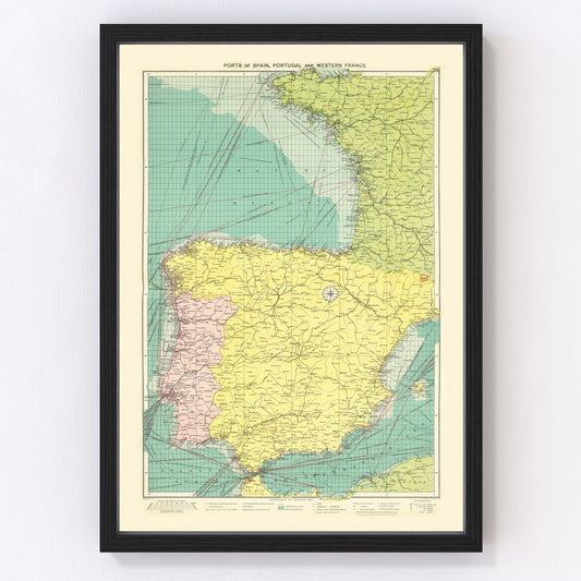Vintage Map of Ports of Spain & Portugal, 1922