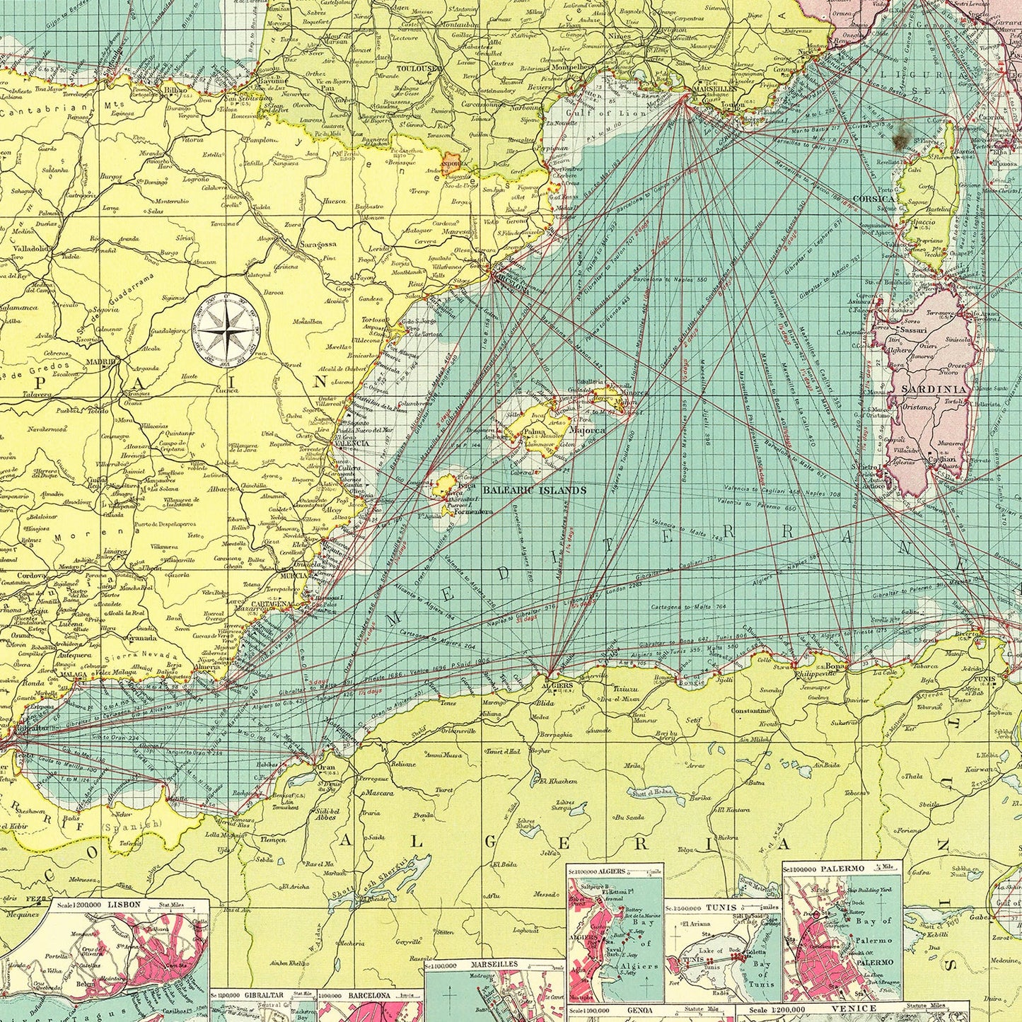 Vintage Map of Western Mediterranean Sea, 1922