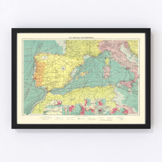 Vintage Map of Western Mediterranean Sea, 1922