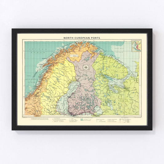 Vintage Map of Northern European Ports, 1922