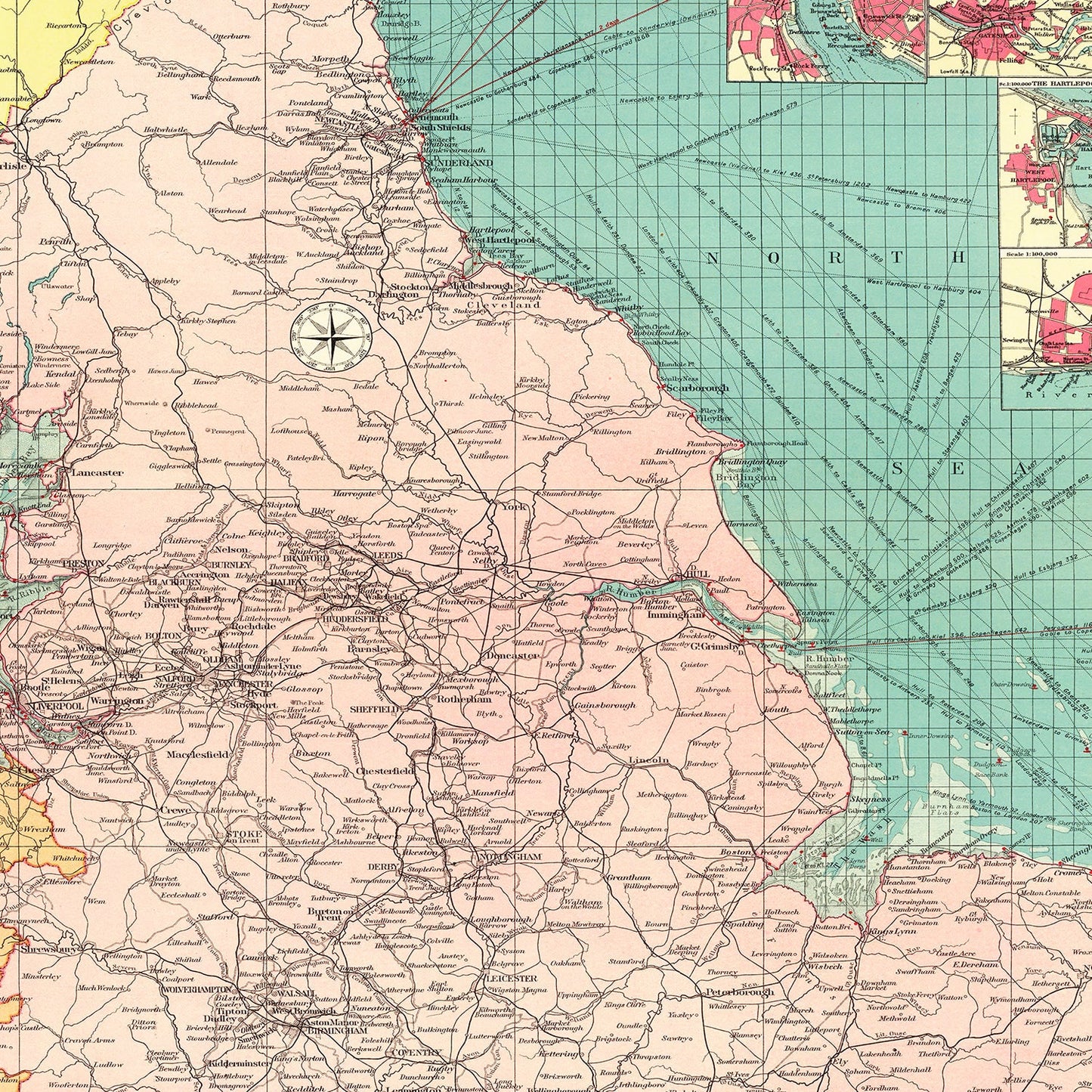Vintage Map of Eastern Great Britain Ports, 1922