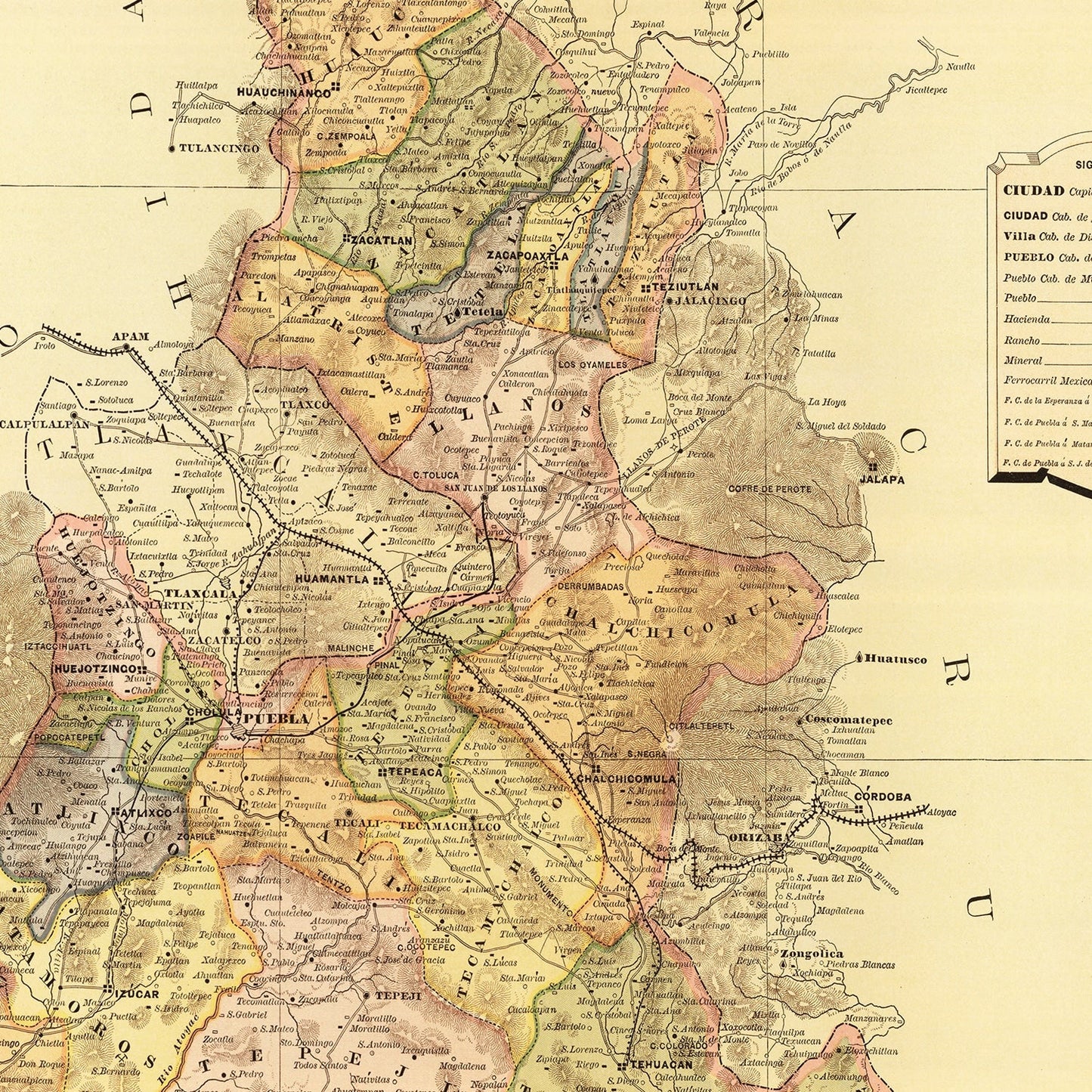 Vintage Map of Puebla Mexico, 1886