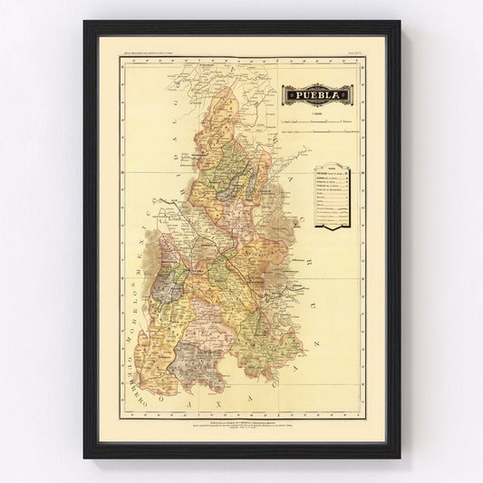 Vintage Map of Puebla Mexico, 1886
