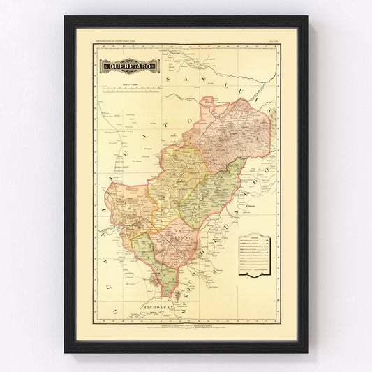 Vintage Map of Queretaro Mexico, 1886
