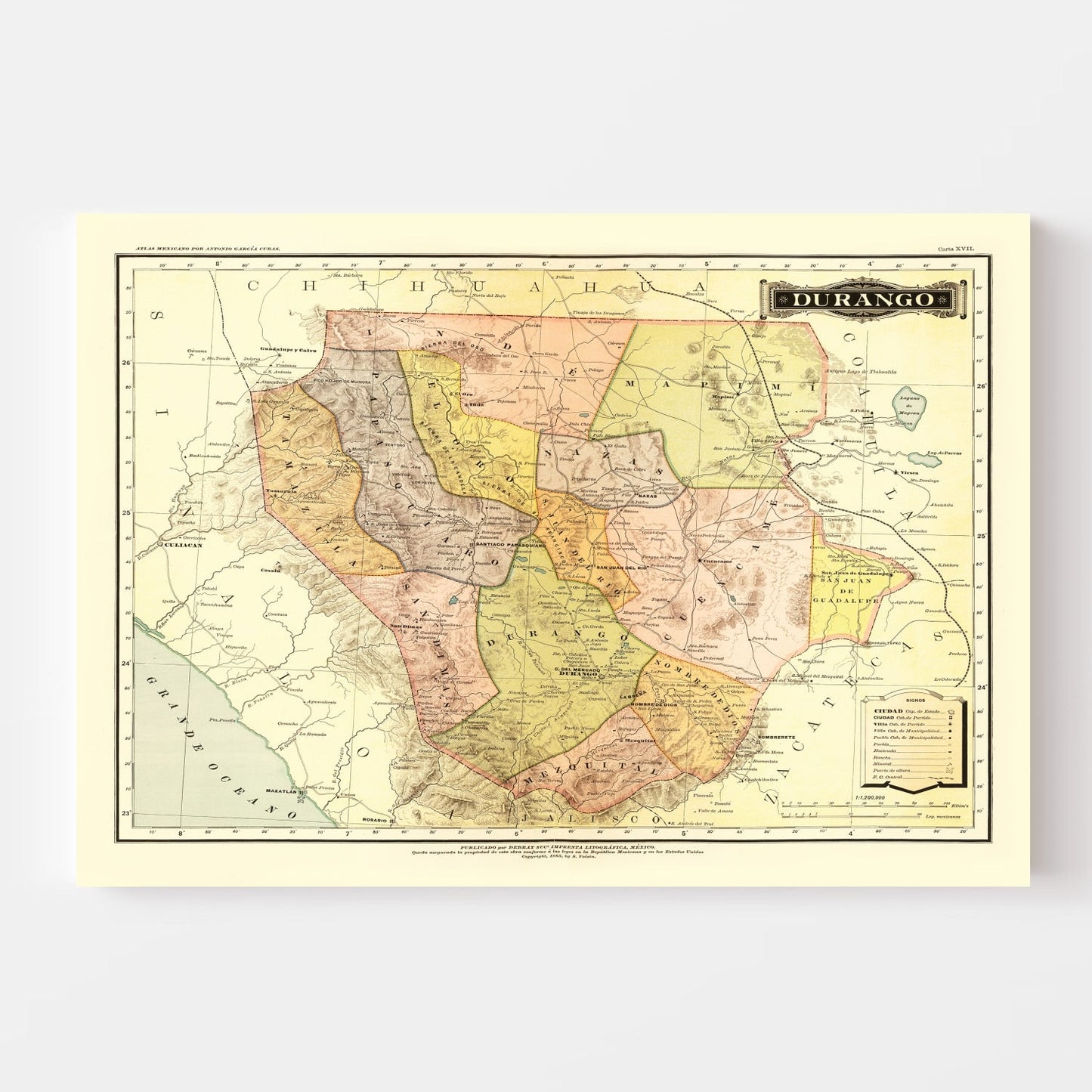 Vintage Map of Durango Mexico, 1886