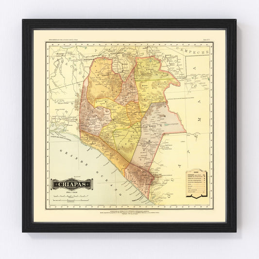 Vintage Map of Chiapas Mexico, 1886