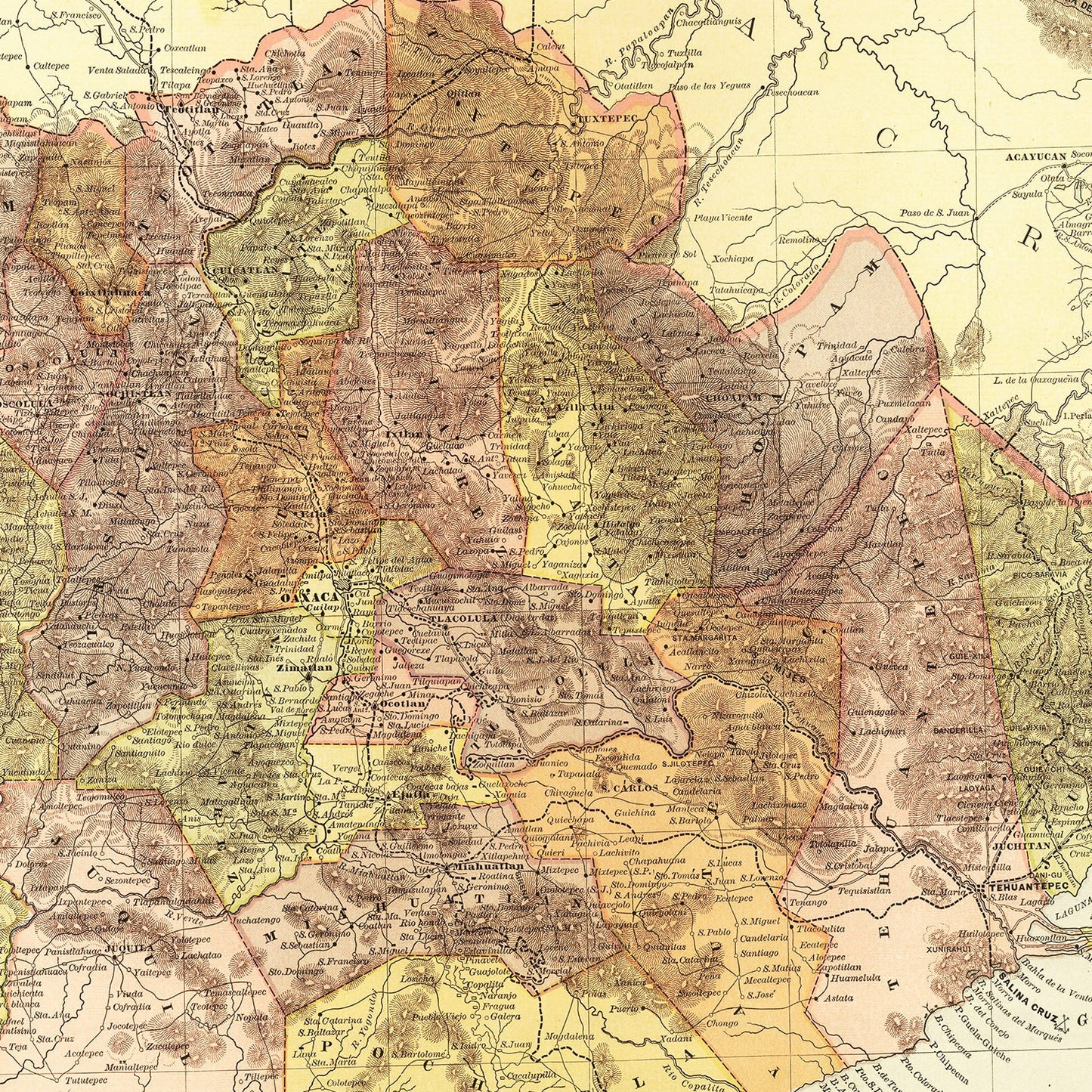 Vintage Map of Oaxaca Mexico, 1886