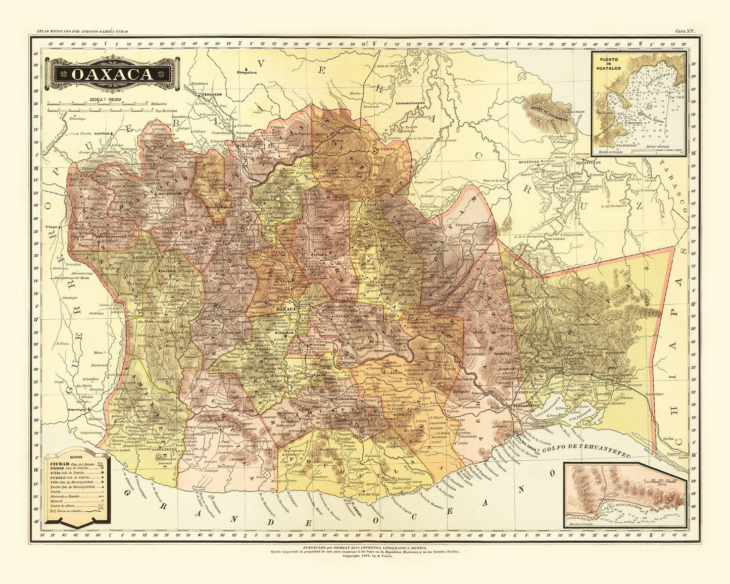 Vintage Map of Oaxaca Mexico, 1886