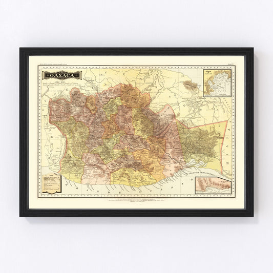 Vintage Map of Oaxaca Mexico, 1886