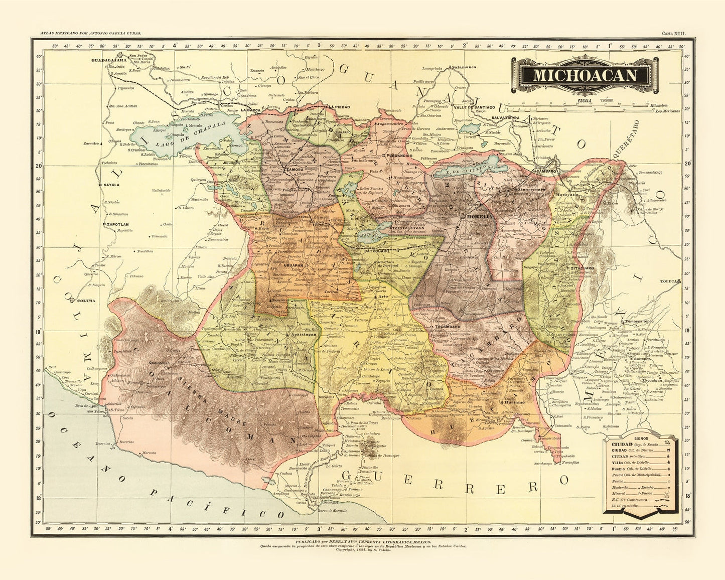 Vintage Map of Michoacan Mexico, 1886