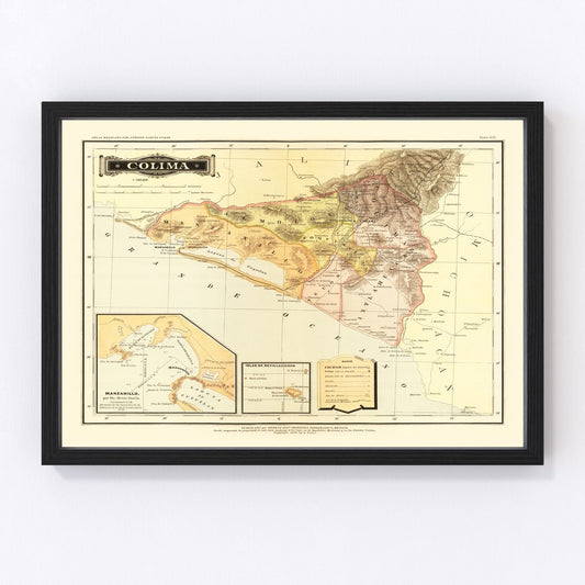 Vintage Map of Colima Mexico, 1886