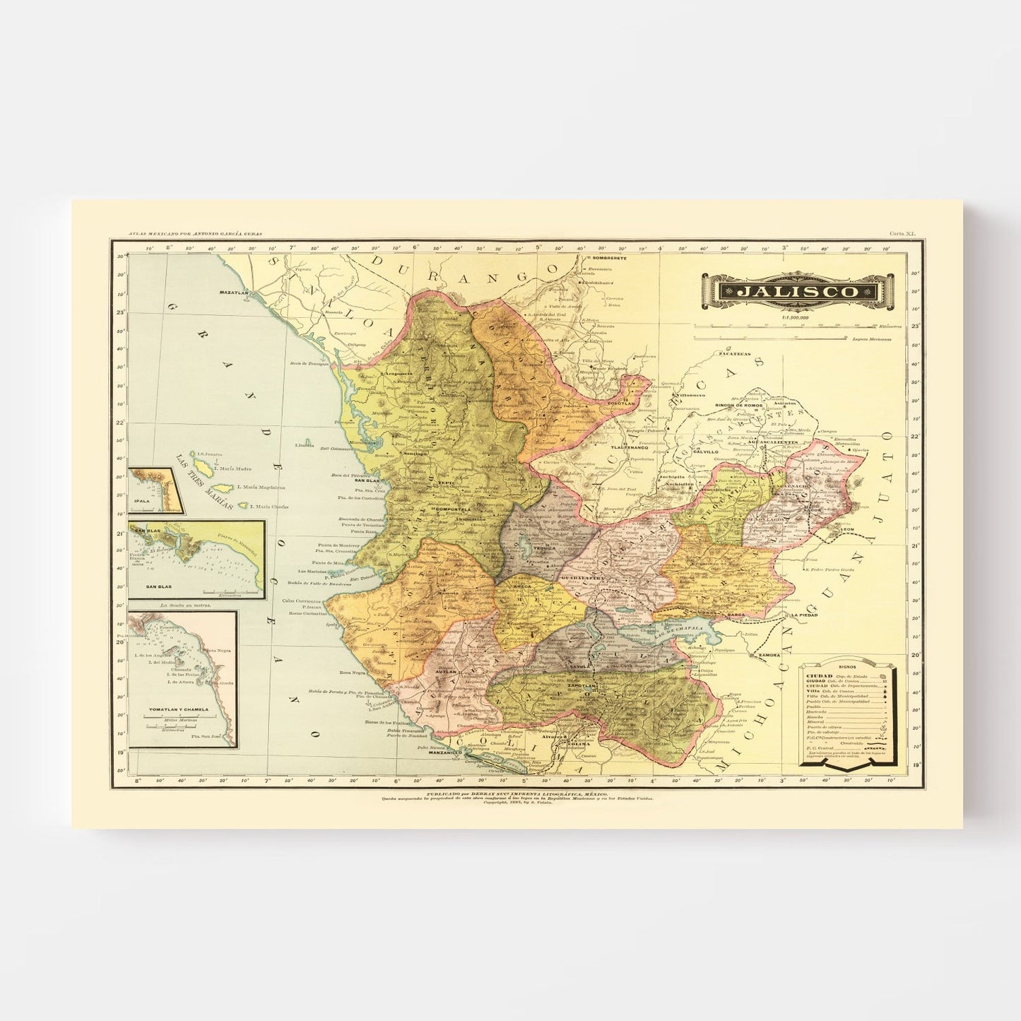 Vintage Map of Jalisco Mexico, 1886