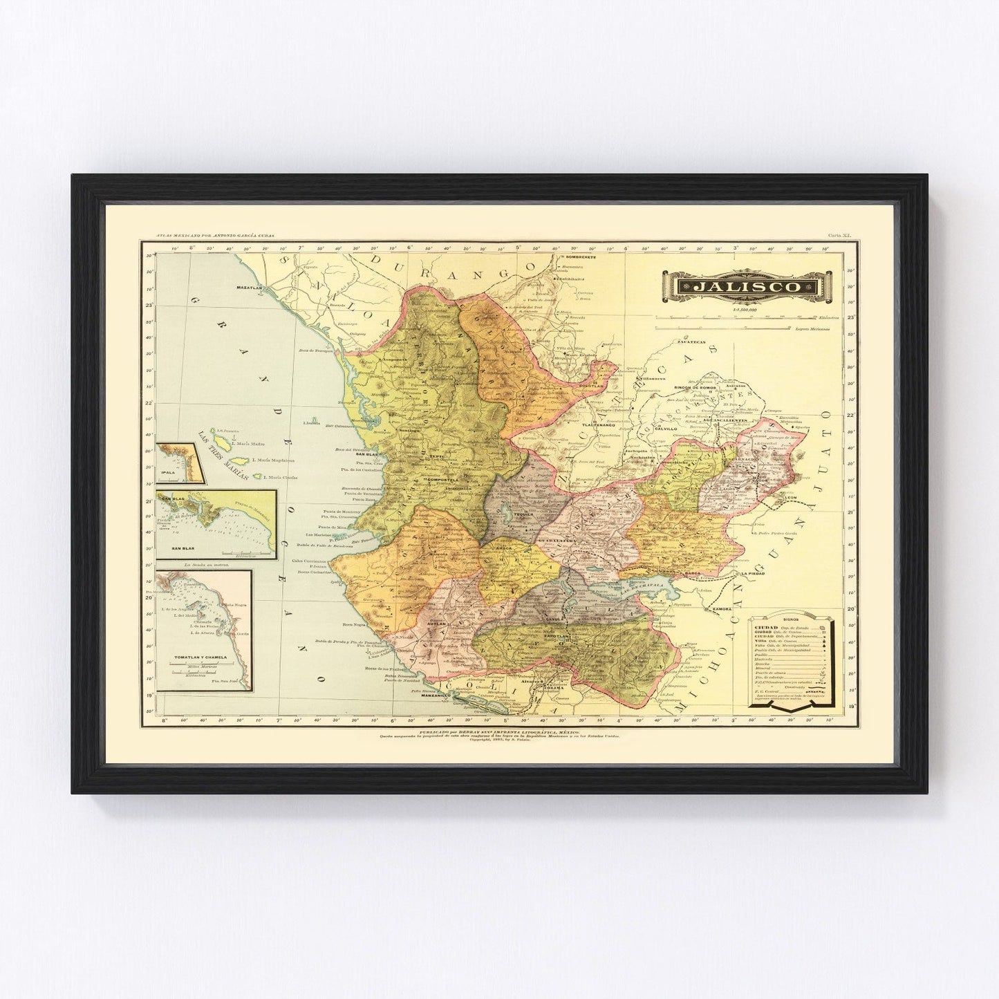 Vintage Map of Jalisco Mexico, 1886